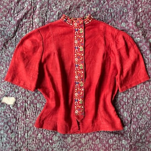 Vintage Hand Embroidered Hungarian Linen Blouse: Boho Folk Jacket