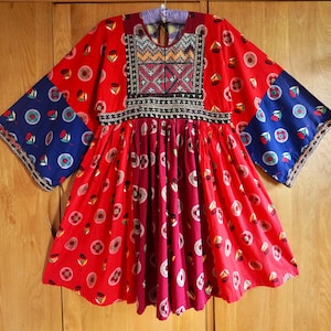 1970s Patchwork Afghan Dress, Hand Embroidered Ethnic/Folk/Gypsy/Hippy/Boho/Festival/Woodstock/Kuchi/Nomads/Goddess Bell Sleeve Dress