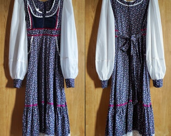 GUNNE SAX - アンティーク 1970s Gunne Sax Floral Calico Corset Midi Dress, Cowgirl