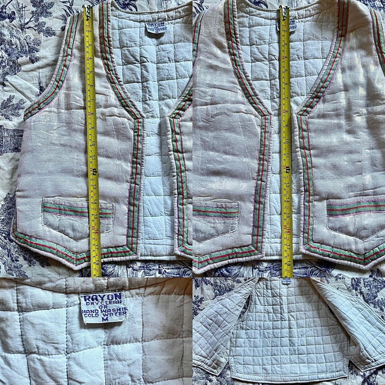 May include: A white quilted vest with green, red, and pink trim. The vest has a label that reads "Rayon or Dry Clean Hand Wash Cold Water M".