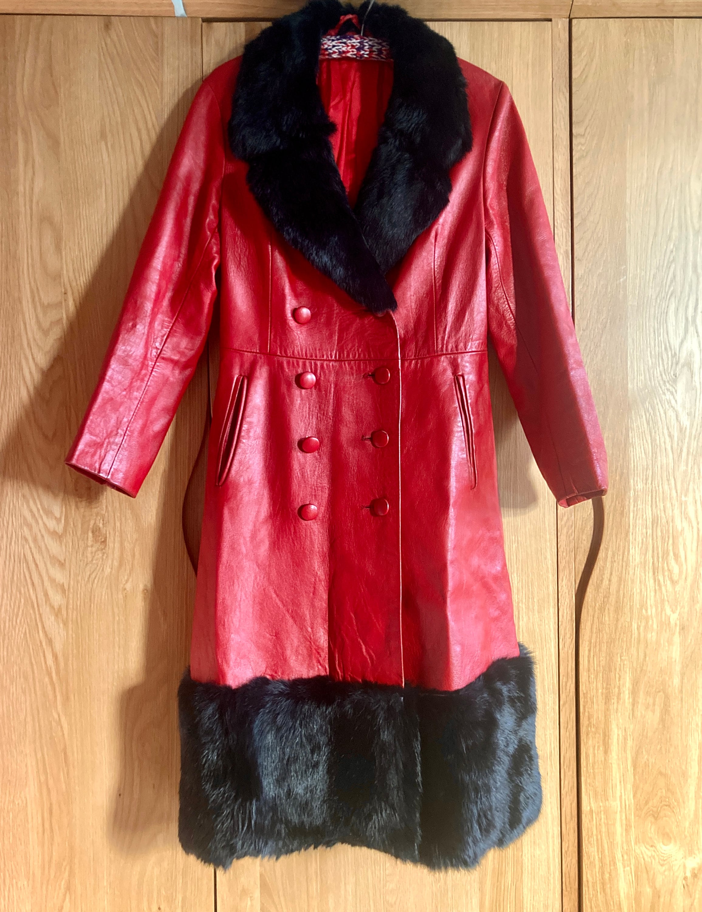 70s Spanish red leather trench coat - THRIFTWARES