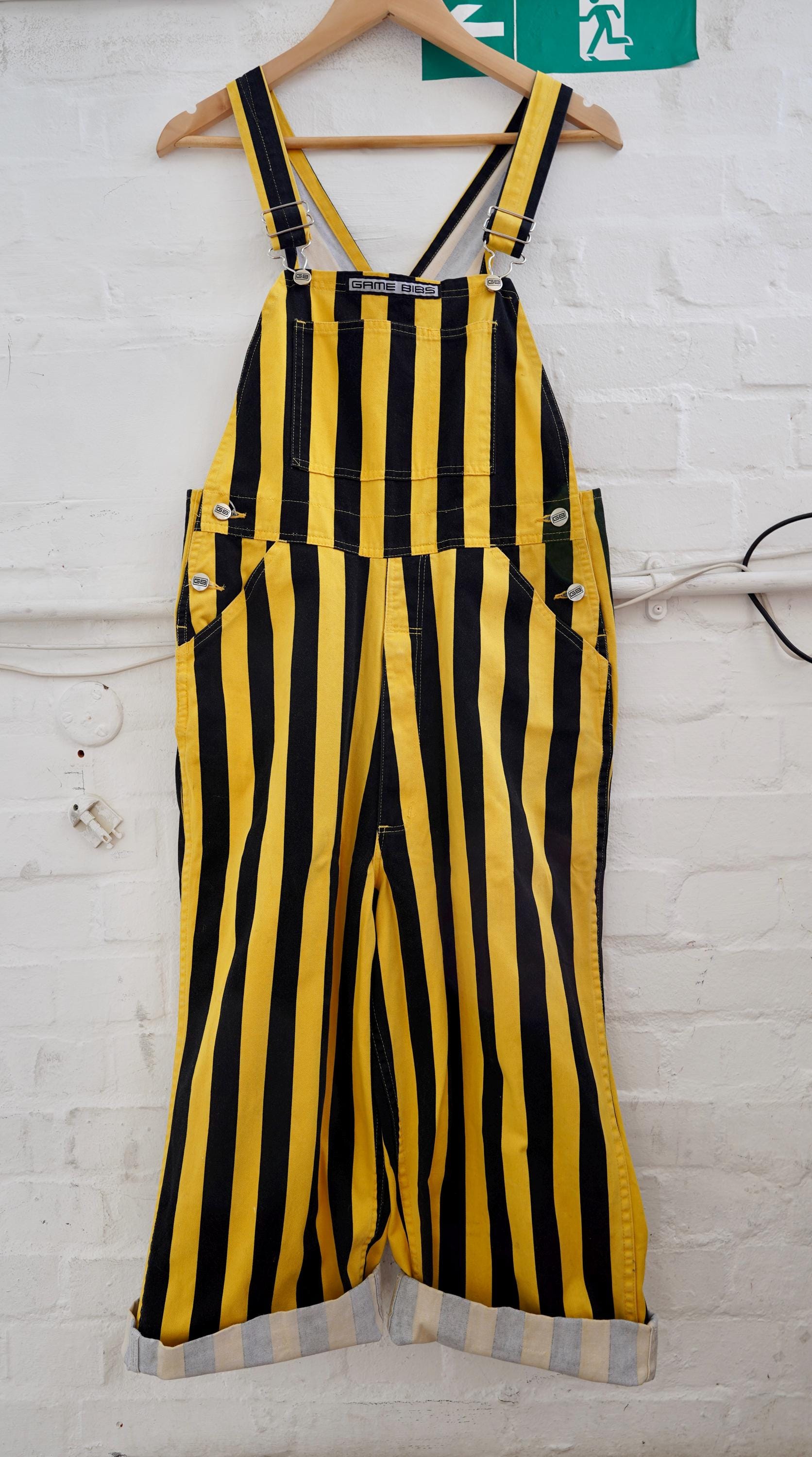 Vintage Unisex 1980s 1990s Yellow Black Stripy Cotton Workwear Overalls: Wide Leg Baggy Dungarees, Carnival Vibe