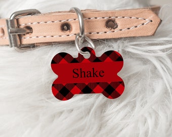 Red Plaid Bone Shaped Pet ID Tag, Customized Double Sided Aluminum