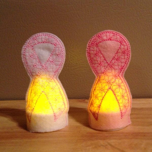 Pink ribbon flameless battery operated tealight cover embroidered, awareness ribbon, awareness, cancer, breast cancer, support, decoration