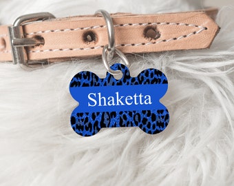 Blue Leopard Bone Shaped Pet ID Tag, Customized Double Sided Aluminum