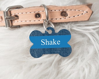 Denim And Blue Bone Shaped Pet ID Tag, Customized Double Sided Aluminum