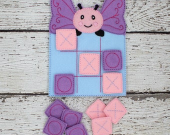 Butterfly Tic Tac Toe Felt Game, Educational Travel Toys, Activity Book, Toddler Learning, Hands on Montessori, Christmas Hanukkah Gifts