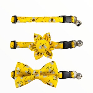 Busy Bees Spring Cat Collars with Optional Bandanas, Bow Ties, and Flower Bows: Cat Bow Ties, Cat Bell, Sleigh Bell, Snap Release