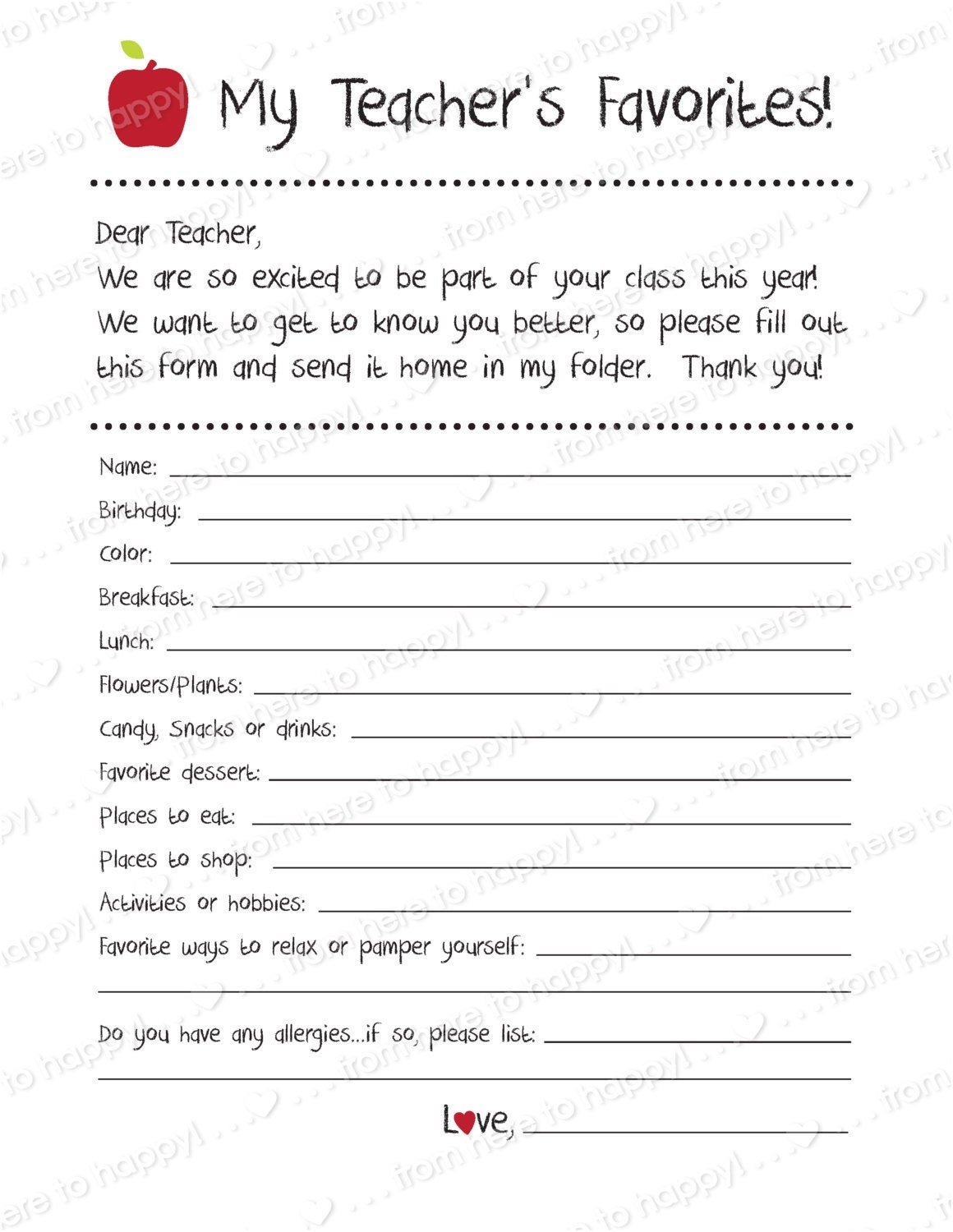 Teacher Gifts, Teacher Appreciation, Get to Know Your Teacher Etsy