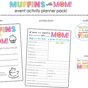 Muffins with Mom--Teacher, PTA, Mother&#39;s Day, flyer/invite, gift tags, activity sheets