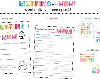 Muffins with Mom--Teacher, PTA, Mother's Day, flyer/invite, gift tags, activity sheets