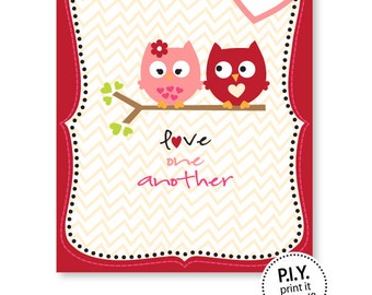 PIY (print it yourself) digital file-Valentine card-"Love One Another Owls"