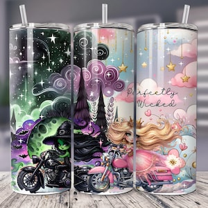 May include: Three stainless steel tumblers with a whimsical design. The first tumbler features a witch riding a motorcycle with a starry night sky background. The second tumbler features a fairy riding a motorcycle with a pink and purple sky background. The third tumbler features a pink and purple sky background with the text "Perfectly Wicked".