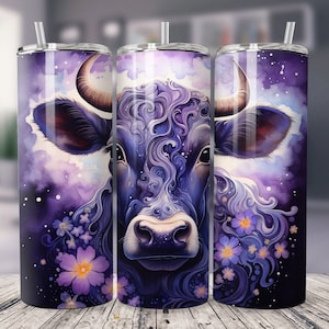 Vaca púrpura oscura 20 oz Skinny Tumbler Sublimation Design Descarga digital PNG Instant DIGITAL SOLAMENTE, Western Daisies, Daisy Tumbler png