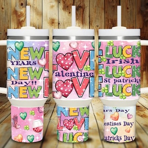Ano Novo Dia dos Namorados Dia de São Patrício 40 oz Quencher copo sublimação design "NOVA SORTE DO AMOR" trevos corações Envoltório png digital sem costura