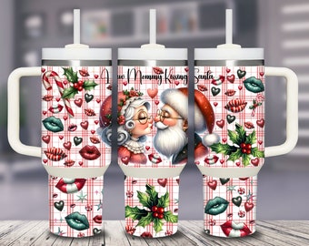 May include: Two stainless steel tumblers with lids and handles. The tumblers are decorated with a red and white plaid pattern, hearts, candy canes, and a cartoon image of Santa Claus and a woman kissing. The text "Two Mommy Kissing Santa" is printed on the tumblers.