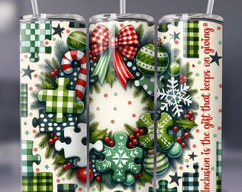 Autism awareness xmas puzzle piece 20oz & 30oz PNG (Digital Download) Christmas wreath , puzzle pieces