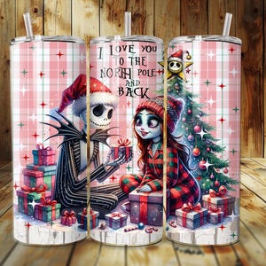 Jack and Sally 20oz Skinny Tumbler Png, 20 oz tapered tumbler, BONUS tumbler wraps Xmas Holiday Nightmare, Christmas , skating winter design