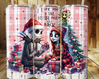 Jack and Sally 20oz Skinny Tumbler Png, 20 oz tapered tumbler, BONUS tumbler wraps Xmas Holiday Nightmare, Christmas , skating winter design