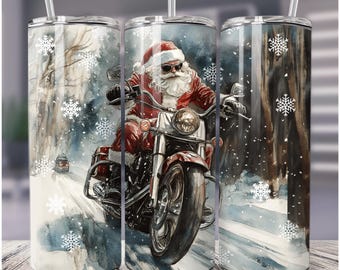 Op de afbeelding: Een roestvrijstalen tumbler met een ontwerp van Sinterklaas die een motorfiets door een besneeuwd landschap rijdt. De tumbler heeft een witte achtergrond met sneeuwvlokken en een rood-wit-zwarte motorfiets.