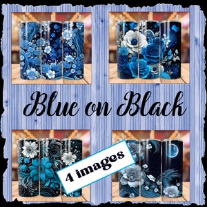 Può includere: Quattro immagini di motivi floreali blu e bianchi su sfondo nero. I motivi sono su un bicchiere con una cannuccia. Il testo "Blue on Black" è al centro dell'immagine. Il testo "4 images" è nell'angolo in basso a destra dell'immagine.
