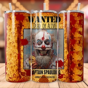 Envoltura para vaso de 20 oz con forma de payaso de película de terror, cónica, recta, PNG de 300 ppp, Capitán Spaulding, payaso malvado, película de terror de sublimación de Halloween