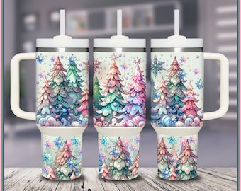 Pastel christmas Tree 40 oz Tumbler Wrap -Digital Download Sublimation Design, Christmas snowflakes, pine trees