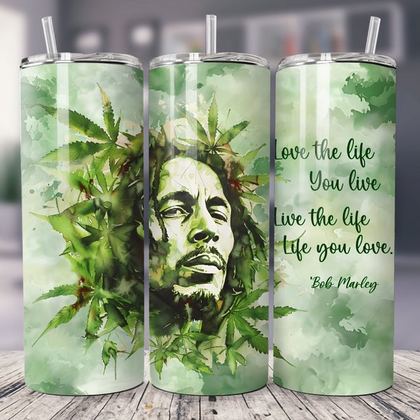 Bob Marley Ganja 20 oz Tumbler Wrap Sublimation  PNG tapered, straight Instant Digital Download One Love, smile Cannibas