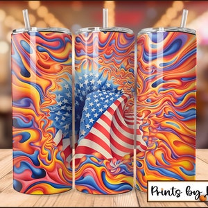 Puede incluir: Un vaso de acero inoxidable con un diseño abstracto en espiral en tonos de azul, rojo, amarillo y naranja. Una bandera estadounidense roja, blanca y azul es parcialmente visible en el centro del diseño. El vaso tiene una capacidad de 20 onzas y tiene una tapa y una pajita. El texto "Prints by Pint!" es visible en la parte inferior de la imagen.