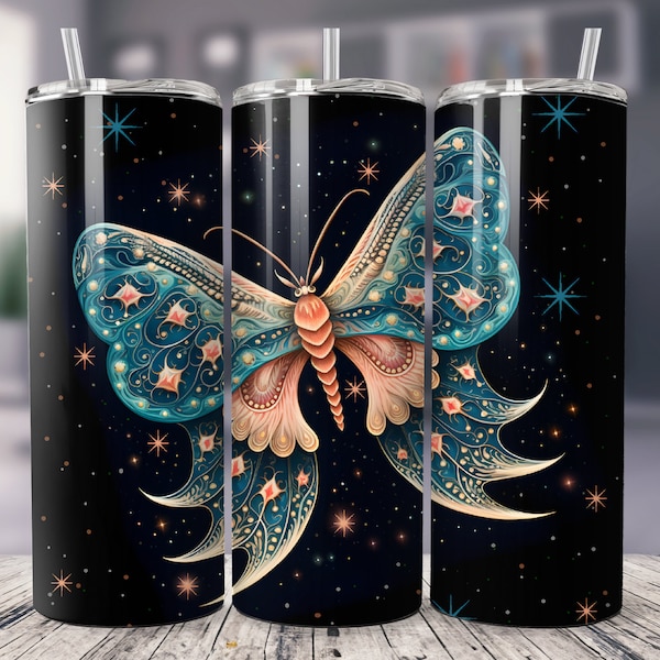 Celestial mystical luna Moth 20 oz tumbler sublimation PNG wrap , tapered and straight,  lunar moon, Butterfly, starlight, seamless, boho