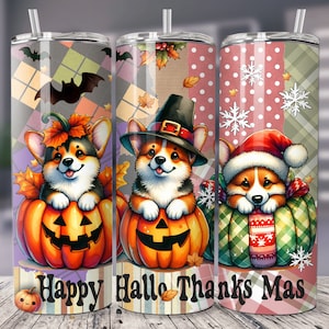Glückliche Hallothanksmas Pembroke Corgis 20 Unzen Skinny Tumbler, Hundeliebhaber, Herbst Kürbis Png, Thanksgiving Png, Weihnachten 20 Unzen Tumbler Sublimationen