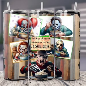 Killer HORROR-Movie Friends 20 oz Tumbler Sublimationsverpackungen gerade sich verjüngend 300 DPI PNG-Datei, Halloween, böser Clown, Cereal Killers