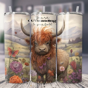 HIGHLAND Cow 20 oz Skinny Tumbler Sublimation Design Descarga digital PNG Instantánea solo digital, Western Daisies, Daisy, excepcional en el campo