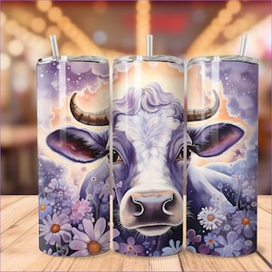 Vaca púrpura 20 oz Skinny Tumbler Diseño de sublimación Descarga digital PNG Instant DIGITAL SOLAMENTE, Margaritas occidentales, Daisy Tumbler png