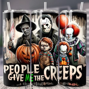 Diseño de sublimación para envoltorio de vaso delgado de 20 oz de película de terror, vaso de Halloween en formato PNG, envoltorio de vaso de Halloween de Scary Killer Friends, archivo digital
