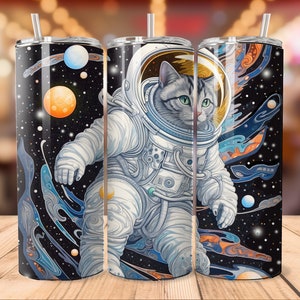Cat Astronaut 20 oz tumbler sublimation wrap, tapered and straight, outerspace, celestial,  planets, moon