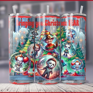 Vaso delgado de 20 oz con película de terror navideña y envoltura cónica, diseño de sublimación, vaso de 30 oz, adorno navideño de amigos asesinos aterradores PNG