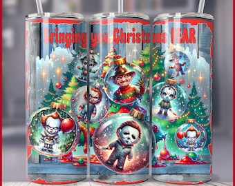 Christmas Horror Movie  20 oz Skinny Tumbler and tapered Wrap Sublimation Design, 30 oz Tumble Scary Killer friends Christmas ornament PNG