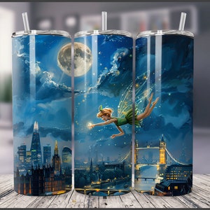 Moon fairy over London 20 oz Skinny Tumbler Sublimation Design, Instant Digital Download PNG,  Tumbler Wrap, Tinkerbell, peter pan, Big Ben