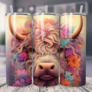 HIGHLAND Cow 20 oz Skinny Tumbler Sublimation Design Descarga digital PNG Instantánea solo digital, Western Daisies, Daisy Tumbler png