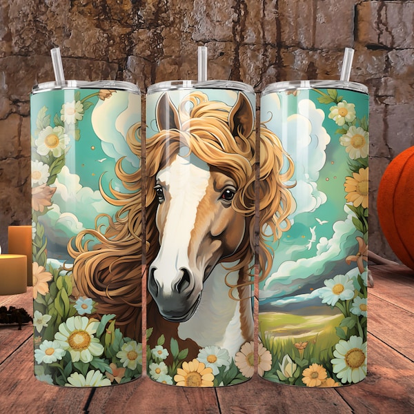 Chestnut brown Horse 20 oz tumbler sublimation wrap, tapered and straight, full mane horse, flower, comfort colors