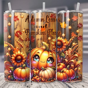 Pumpkins Fall Tumbler Wrap, 20oz Skinny Tumbler Sublimation Digital design download,  Pumpkin Tumbler Png, sunflowers, Autumn leaves colors