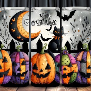 May include: Halloween-themed tumbler featuring a crescent moon, bats, and a black cat. The design includes jack-o'-lanterns in orange, purple, and green with stitched patchwork details. The words "Happy Halloween" are also visible.