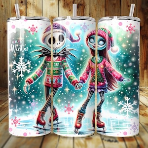 Jack and Sally 20oz Skinny Tumbler Png, 20 oz tapered tumbler, BONUS tumbler wraps Xmas Holiday Nightmare, Christmas , skating winter design
