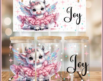 Christmas Highland Cow Glass Can Wrap: Pastel Angel Design (Digital Download)
