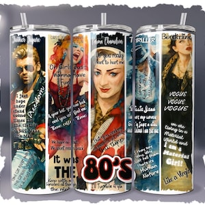 May include: Three stainless steel insulated tumblers with retro 80s pop art designs. Each tumbler features a different iconic image and song lyrics, including "Father Figure," "Karma Chameleon," and "Thriller."