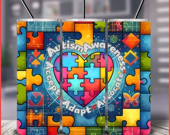Autism Awareness Tumbler PNG Wrap, Puzzle Heart Design (Digital Download)