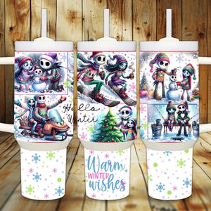 Jack und Sally Winterspaß 40 Unzen Tumbler Wrap - Digital Download Sublimation Design Skating, Weihnachten, Schneemann, Eisangeln, Snowboarden