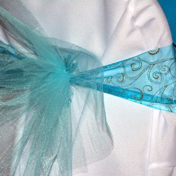 Turquoise Chair Sashes with Organza and Tulle for Wedding or Quinceanera