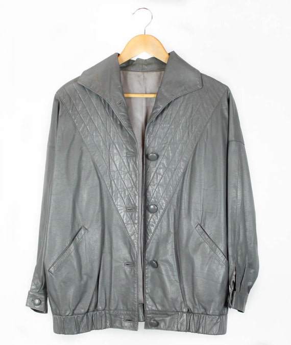Vintage 80s, Leather Jacket, Grey, Stitch Detail,